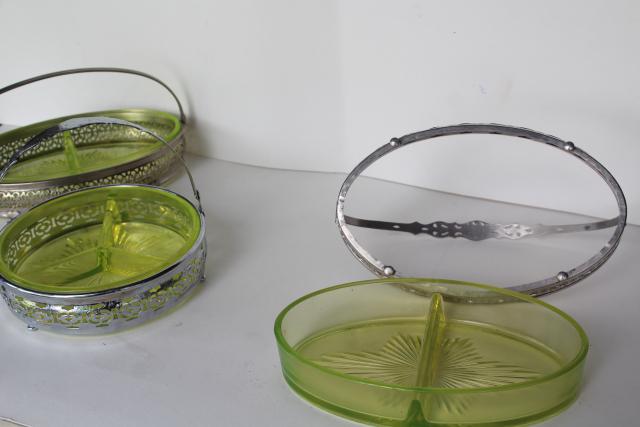 art deco vintage yellow vaseline glass basket relish dishes, ornate metal frames & handles