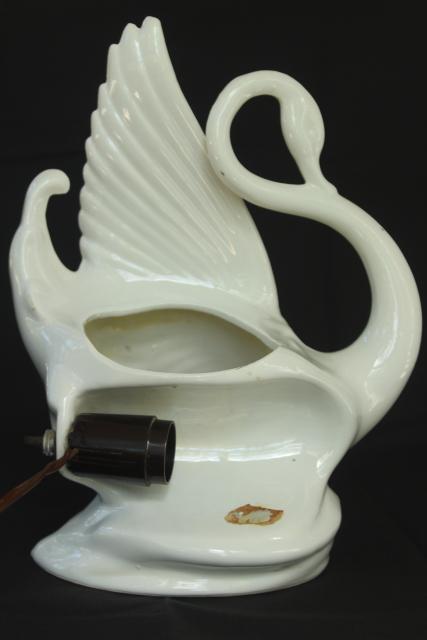 art deco white ceramic swan planter mood light, 1950s vintage pottery TV lamp