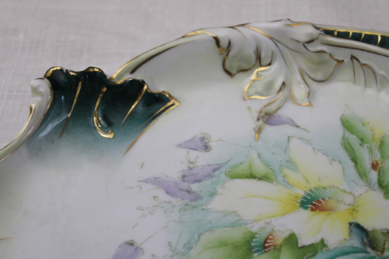 art nouveau antique hand painted china tray, unmarked porcelain w/ molded leaves RS Prussia vintage