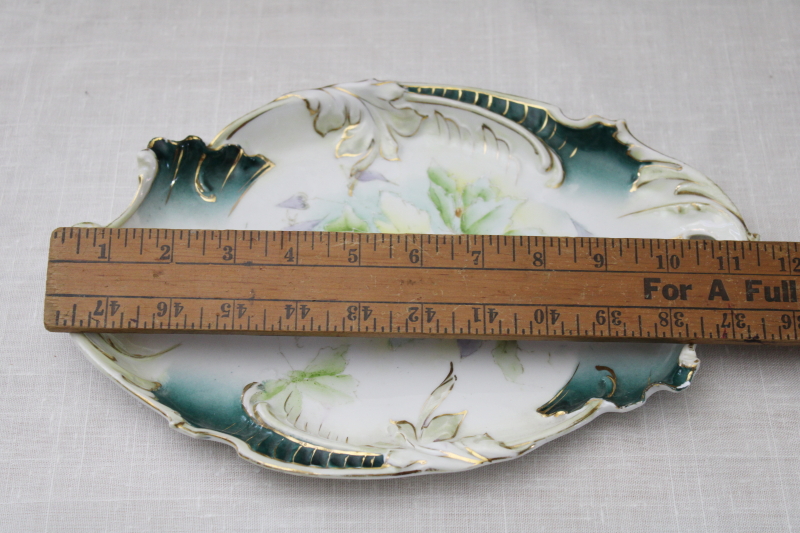 art nouveau antique hand painted china tray, unmarked porcelain w/ molded leaves RS Prussia vintage
