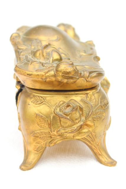 art nouveau roses antique cast metal jewelry box, unusual large long size