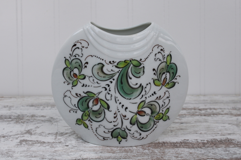 artist signed Norwegian hand painted china vase, traditional folk art modern rosemaling
