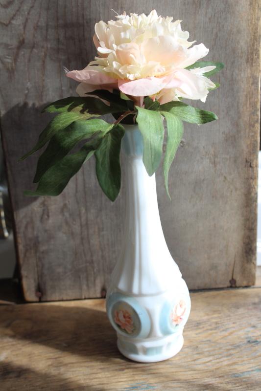 artist signed hand painted vintage milk glass bud vase, rose medallion floral