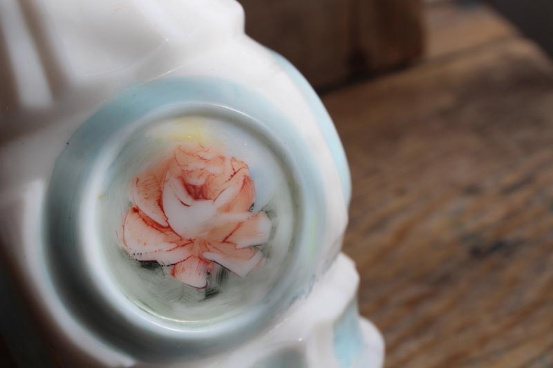 artist signed hand painted vintage milk glass bud vase, rose medallion floral