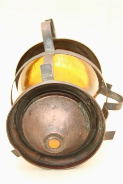 arts & crafts vintage copper cage light shade, amber glass chimney pendant lamp globe