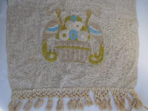 arts & crafts vintage rough linen table runner w/ tapestry birds, heavy fringe