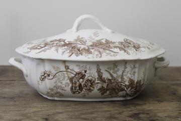 asethetic antique transferware china covered dish, vintage 1900 Johnson Bros Paris poppy pattern