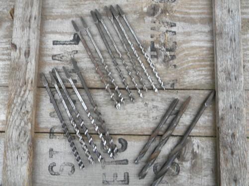 assorted old wood auger bits for hand brace drills, vintage tool lot