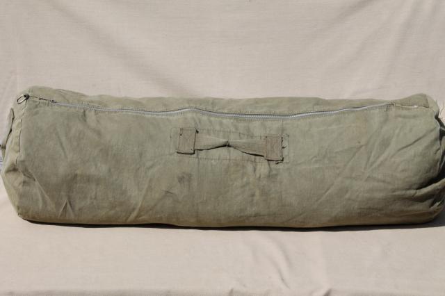 authentic old Army duffel bag, vintage drab cotton canvas duffle bag w/ metal zipper