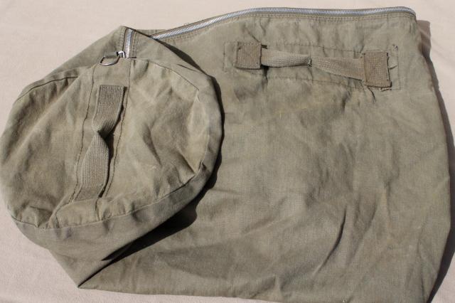 authentic old Army duffel bag, vintage drab cotton canvas duffle bag w/ metal zipper
