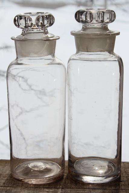 authentic old antique apothecary bottles, tall display pharmacy jars w/ glass stoppers