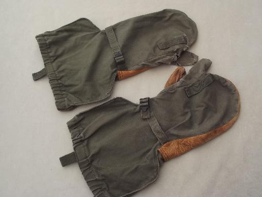 authentic vintage army shooting mittens, drab green cotton w/ leather palm