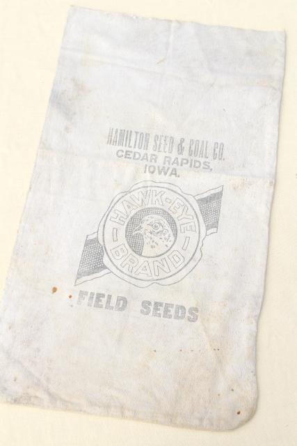authentic vintage cotton grain sack, hawk eye bird graphics farm seed bag