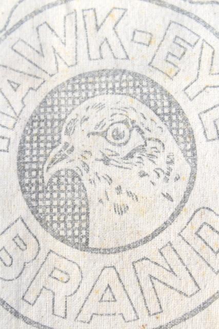 authentic vintage cotton grain sack, hawk eye bird graphics farm seed bag