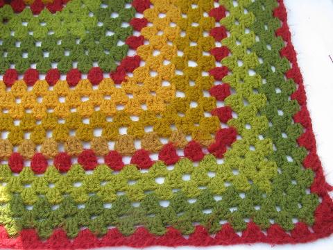 autumn colors vintage crochet acrylic afghan, fall greens, golds
