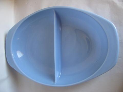 azurite blue Pyrex, vintage kitchen glass baking dish, divided oval