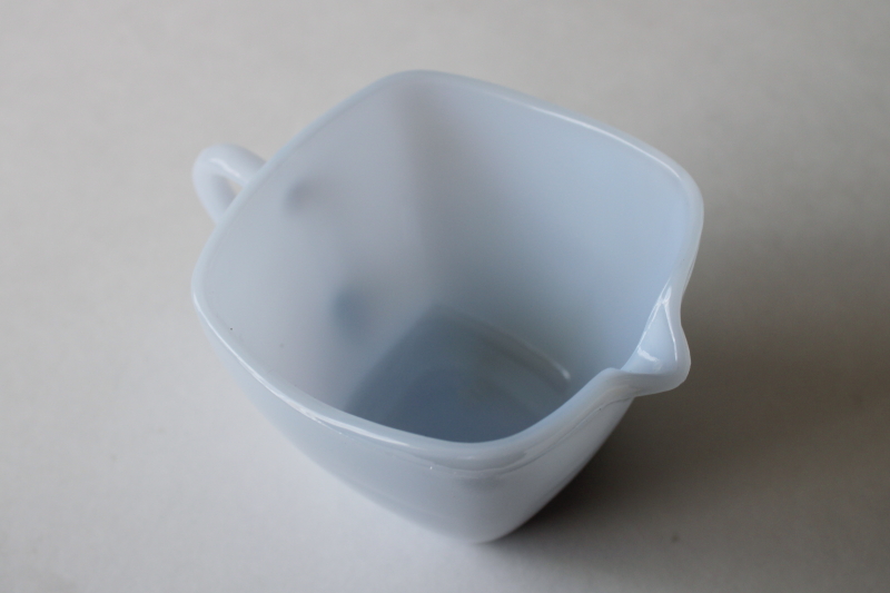azurite blue milk glass, vintage Anchor Hocking Fire King Charm square cream pitcher