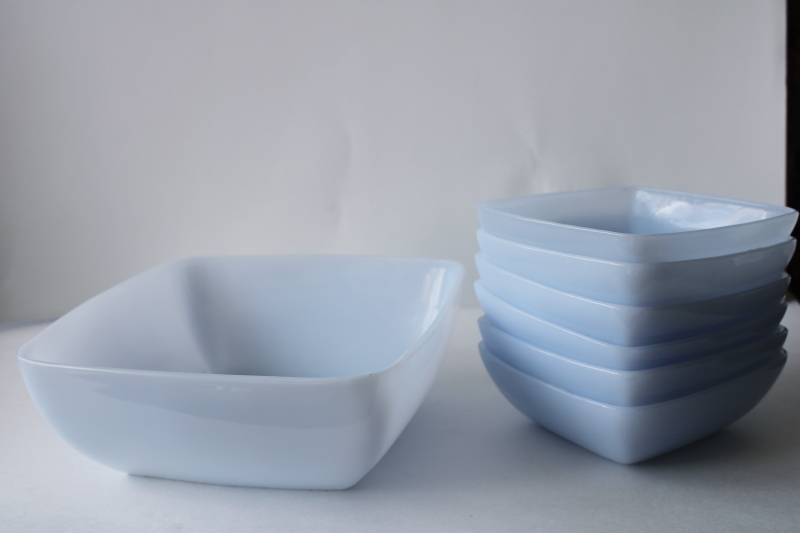 azurite blue milk glass, vintage Anchor Hocking Fire King Charm square salad bowls set