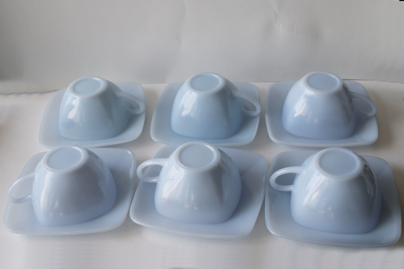 azurite blue milk glass, vintage Anchor Hocking Fire King delphite Charm square cups  saucers
