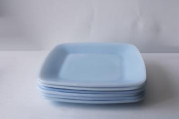 azurite blue milk glass, vintage Anchor Hocking Fire King delphite Charm square salad plates