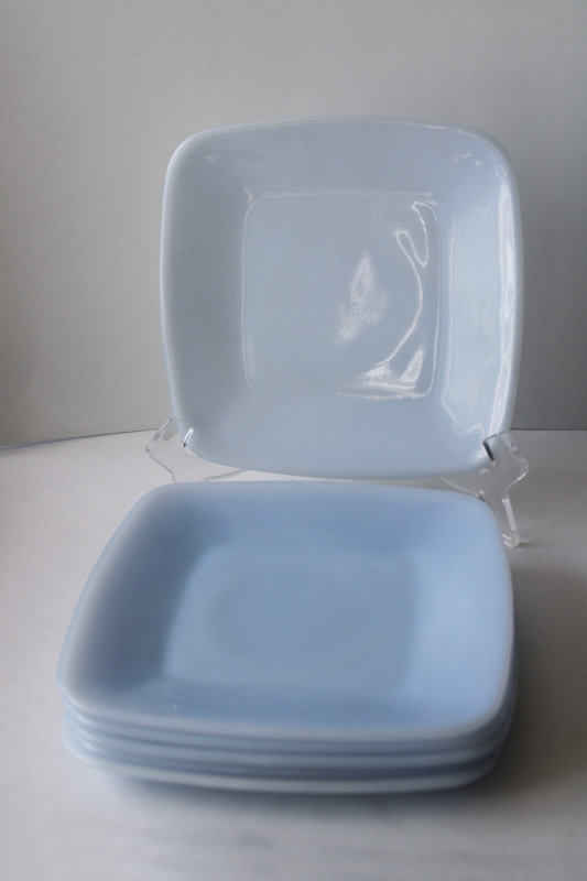 azurite blue milk glass, vintage Anchor Hocking Fire King delphite Charm square small plates