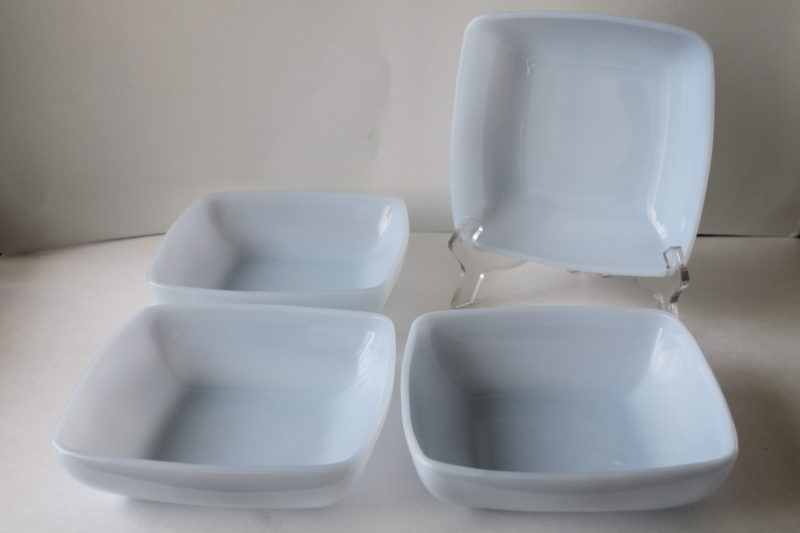 azurite blue milk glass, vintage Anchor Hocking Fire King delphite Charm square soup bowls
