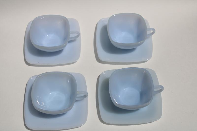azurite blue vintage Charm Fire King Anchor Hocking set of four square cups & saucers 
