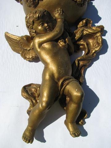 baby angel, vintage ornate gold cherub wall art pocket vase for faux ivy, flowers