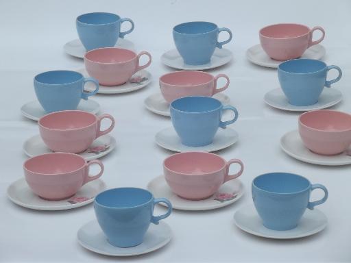 baby blue & pink rose print  vintage melmac cups & saucers, 50s retro!