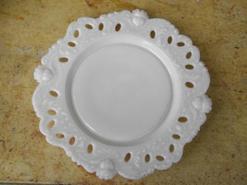 baby face pattern antique vintage milk glass plate, lace edge w/ cupid