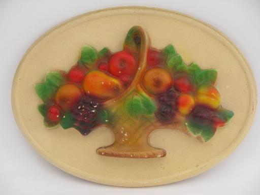 basket of bright fruit, 30s vintage painted chalkware wall art plaque