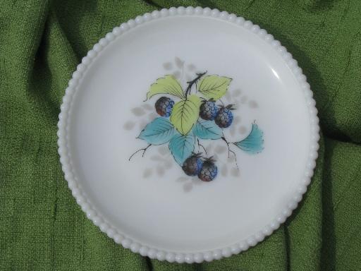 bead edge Westmoreland milk glass plate, hand-painted blue raspberries