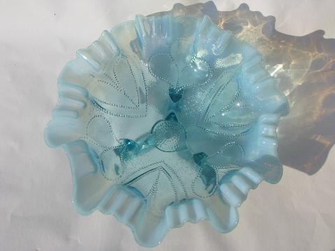 beaded heart crimped blue opalescent glass antique vintage footed bowl