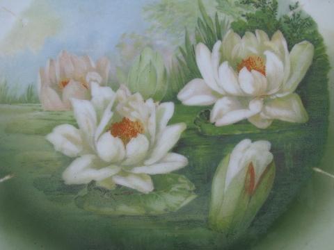 beautiful old handled china plate w/ painted water lilies, antique Germany porcelain