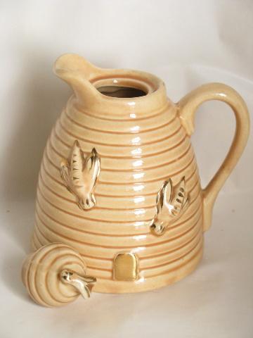 beehive w/ bees, vintage USA pottery honey pitcher, bee skep hive shape