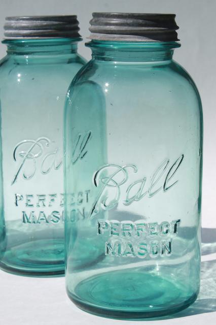 big 2 qt size vintage Ball Perfect Mason aqua blue glass jars w/ old zinc metal lids