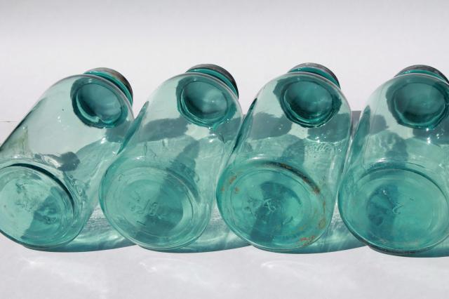 big 2 qt size vintage Ball Perfect Mason aqua blue glass jars w/ old zinc metal lids