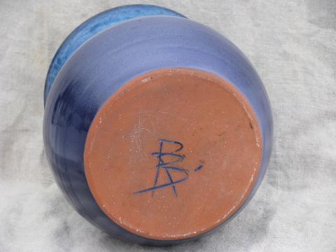 big blue glazed stoneware flower pot vase, hand made Bear pottery