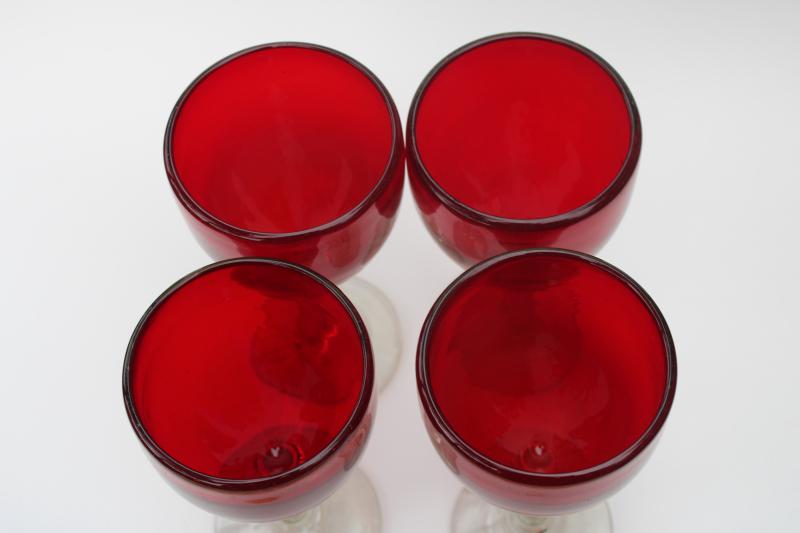 big chunky boho style hand blown glass goblets, ruby red w/ clear stem wine glasses