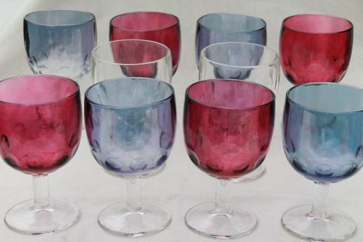 big chunky glass goblets, 10 vintage Hoffman House style glasses in red & blue