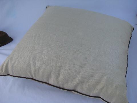 big feather filled throw pillow, vintage crewel wool embroidery on linen