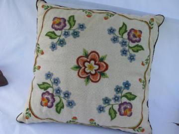 big feather filled throw pillow, vintage crewel wool embroidery on linen