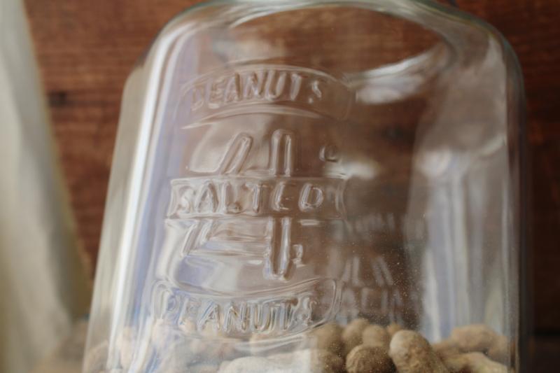 big glass jar embossed Salted Peanuts, vintage general store counter canister style 