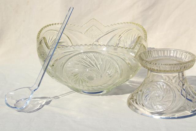 big glass punch bowl & stand, cups set - vintage whirling star pattern pressed glass