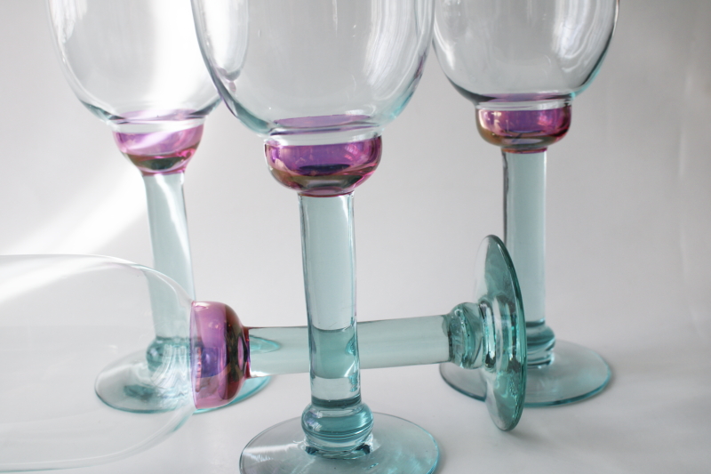 big hand blown glass goblets, pale spanish green glass w/ cranberry pink lustre