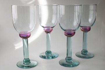big hand blown glass goblets, pale spanish green glass w/ cranberry pink lustre