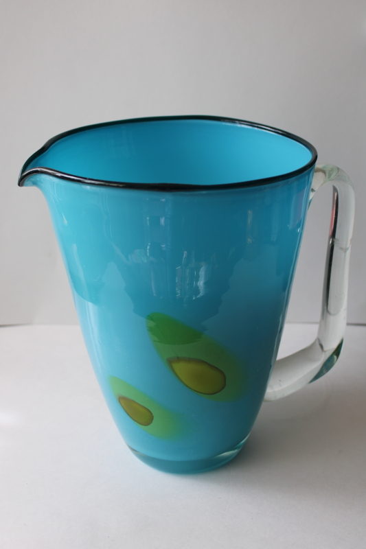 big hand blown glass pitcher for cocktails, martinis green olives turquoise blue glass