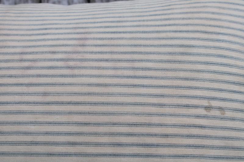 big heavy old feather pillow, vintage blue striped cotton ticking fabric