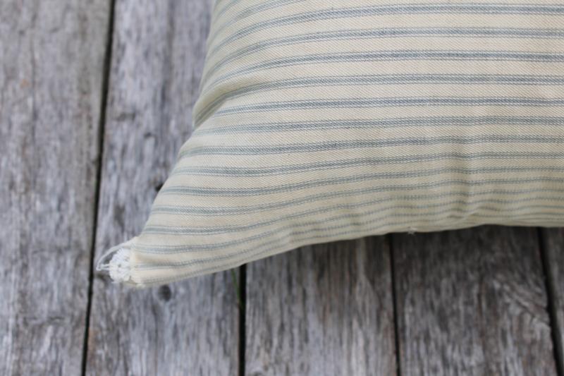 big heavy old feather pillow, vintage blue striped cotton ticking fabric