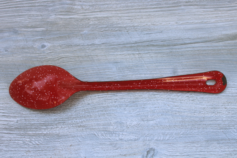 big long handled spoon, vintage red graniteware enamel ware for cowboy camp kitchen farmhouse